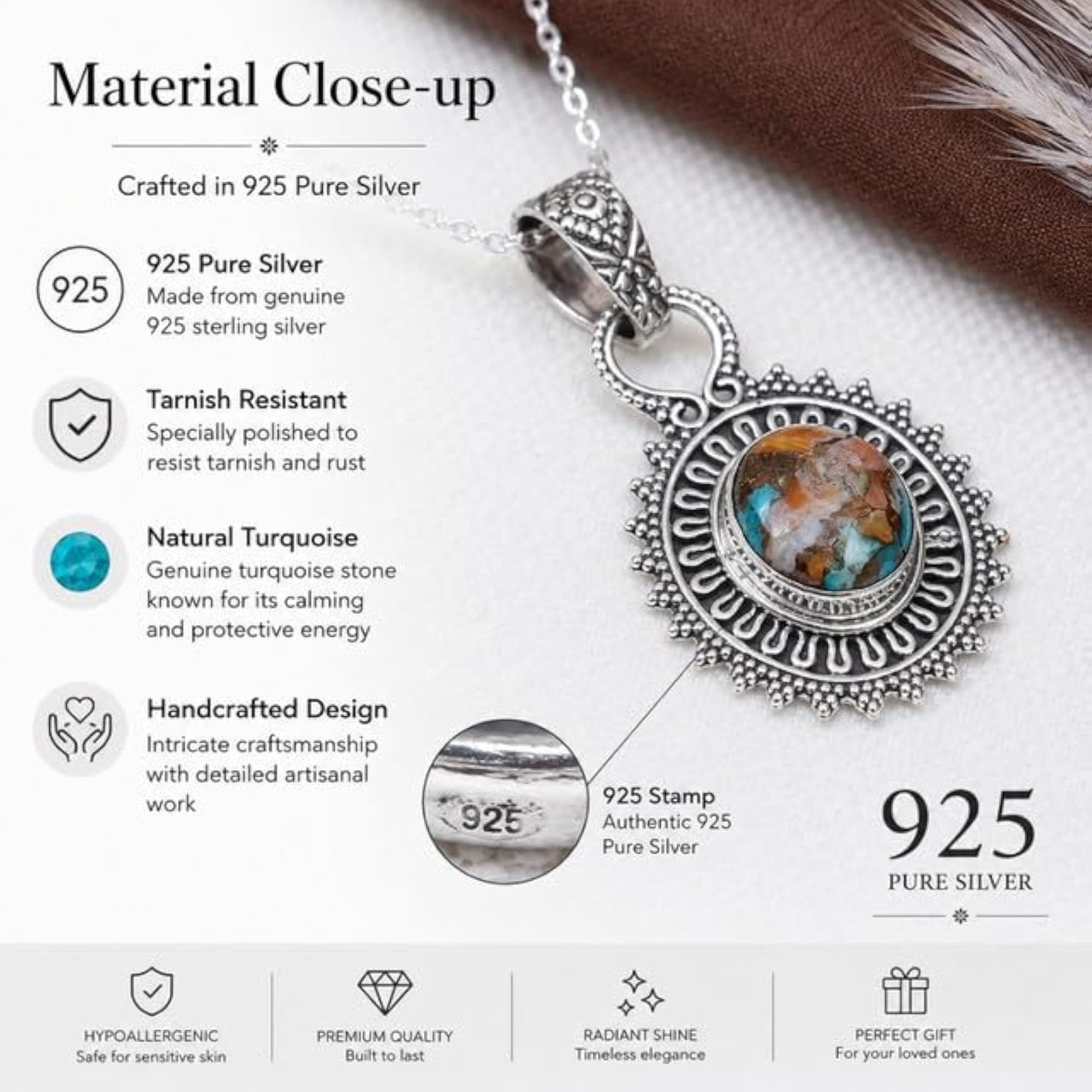 925 Sterling Silver Spiny Turquoise Gemstone Pendant Necklace