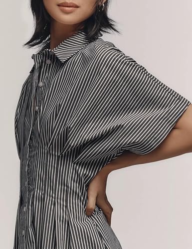 Women Summer Short Sleeve Button Front Pleated Shirt Dress Striped Collar V Neck Casual Y2k Swing Short Mini Dresses4