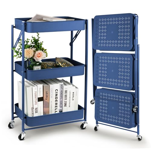 Todeco Carrello pieghevole a 3 livelli, carrello da cucina, senza assemblaggio, 46 x 29 x 78 cm, per cucina, ufficio, bagno, guardaroba (blu)