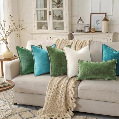 Image of decorUhome Fall Chenille Soft Cozy Throw Pillow Covers 24x24 Set of 2, Modern Farmhouse Boho Velvet Decorative Euro Sham Pillow Cases with Stitched Edge for Couch Sofa Bed Home Decor, Forest Green