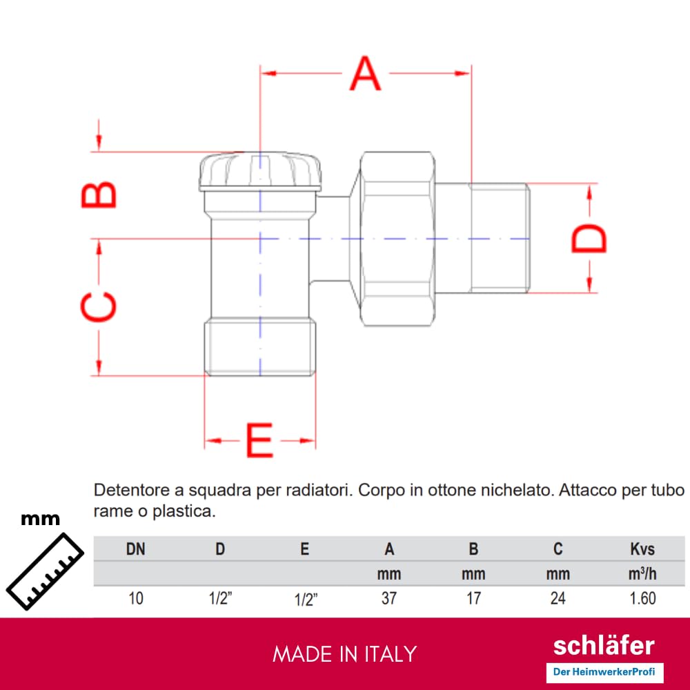 Schläfer 37041202 | Kit Termostatico ad angolo completo con valvola Termostatica 1/2, testa di comando impostazione 0-28 C e detentore 1/2 per termosifone, Termoarredi, Scaldasalviette