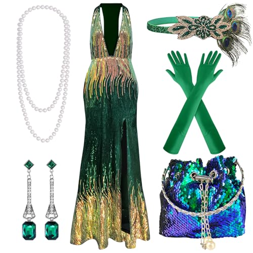 PLULON Damen 1920er-Jahre-Pailletten-Flapper-Kleider, sexy V-Ausschnitt, Gatsby-Cocktailkleid mit 20er-Jahre-Accessoires-Set (grün)