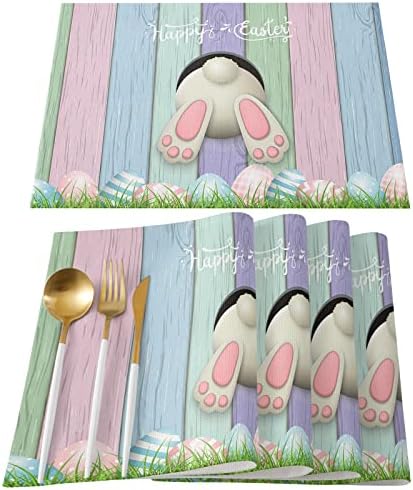 Easter Day Placemats Set of 4 - Spring Easter Bunny Colorful Wooden Board Place Mat for Dining Table Washable Cotton Linen Table Mats, 13 x 19 Inch