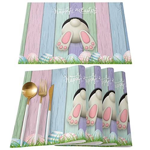 Easter Day Placemats Set Of 4 - Spring Easter Bunny Colorful Wooden Board Place Mat For Dining Table Washable Cotton Linen Table Mats, 13 X 19 Inch #TOP1