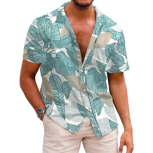 COOFANDY Mens Hawaiian Shirts Short Sleeve Casual Button Down Tropical Beach Shirt Small Green / Yellow Leaf