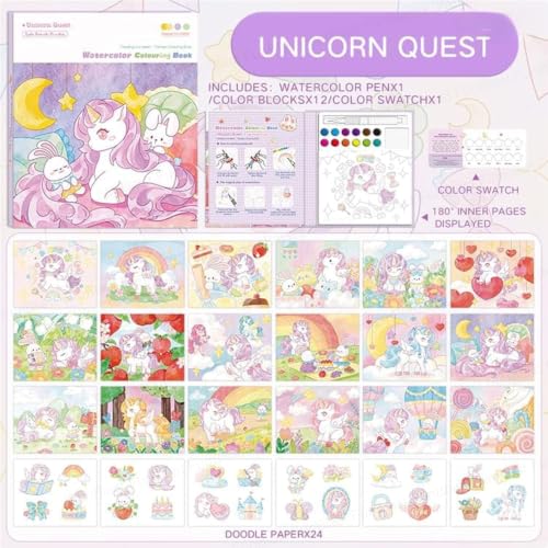 Image of MASTANO Watercolor Painting and Doodle Set for Kids - DIY Graffiti Coloring Note-Book Magic Books with Pigments and Paper, Suitable for Kindergarten and Kids Art Projects with Color (Unicorn)