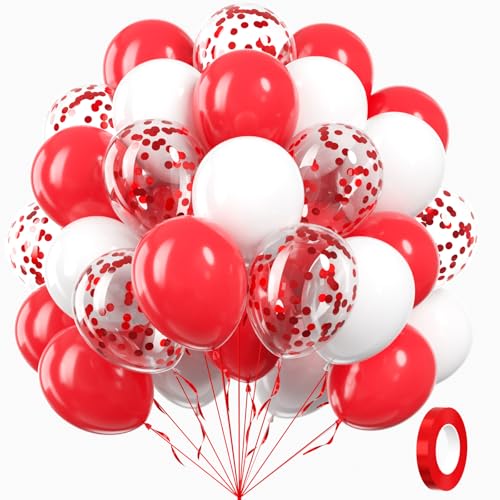 60pcs Red and White Balloons 12inch with White Red Confetti Balloons for Wedding Engagement Christmas Valentines Day Birthday Party Decorations