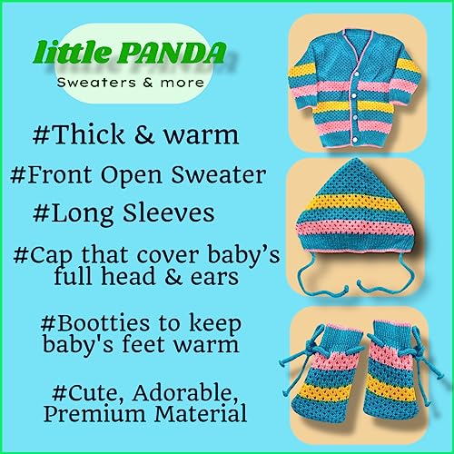 Image of little PANDA Unisex Baby Sweater Woollen Knitted Full Sleeves Sweater with Cap and Booties Set Woolen Sweater Baby Boys and Baby Girls