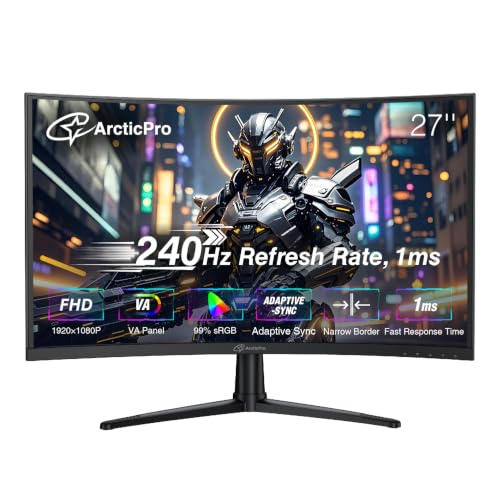 Image of ArcticPro 27inch 240Hz Curved Gaming Monitor, FHD 1080p, 1ms Response Time, 4000:1 Contrast, PC Monitor, Adaptive sync, 3-Sided Frameless, Ultra Slim, 120% sRGB, Bluelight Filter,HDMI & DP Ports