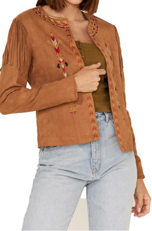 Women's Fringe Embroidered Jacket, Western Style, Suede, Camel