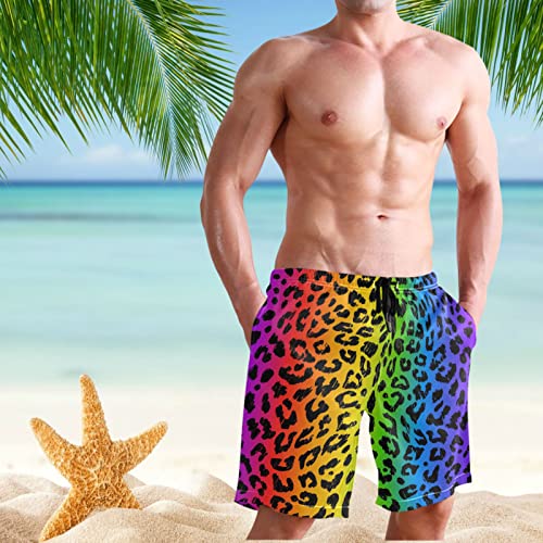Leopard Rainbow Skin Pattern Men's Swim Trunks Beach Shorts Quick Dry Swim Board shorts With Pockets L3
