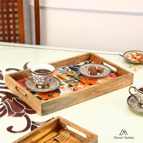Image of Premium Wooden Rectangular Tray - 16 x 10 Inches | Tropical Leaf Pattern with Raised Edges | Durable Wood Rectangular Breakfast Tray | Wooden Serveware Trays for Tea, Snacks & Sweets, Home & Dining