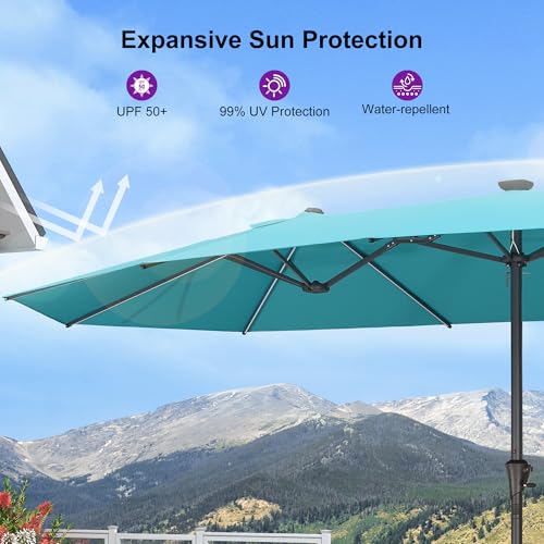 Image of PURPLE LEAF Patio Umbrella 14ft with Base Large Rectangle, Turquoise Blue