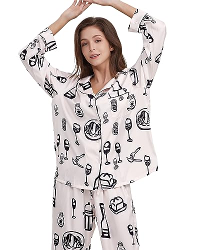 Image of YiNi LuLu Womens Silk Satin Pajamas Set Button Down 2 Piece Pjs Long Sleeve Oversized Sleepwear with Pockets