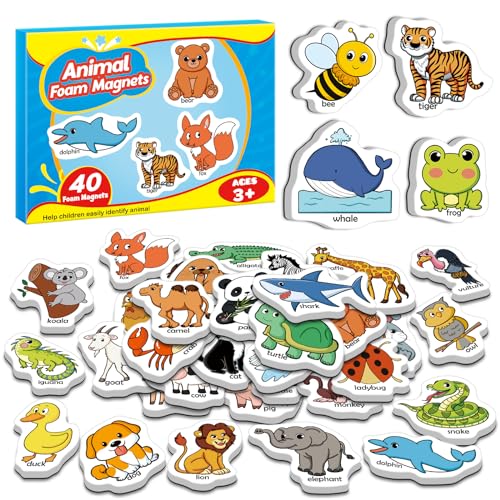 Broytain 40 Animal Fridge Magnets for Toddlers Animal Foam Refrigerator Magnets Toys for Kids Whiteboard Learning Games Educational Toys Preschool Kindergarten Learning Activities Homeschool
