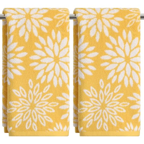 Artoid Mode 2 Pcs Beige Yellow Dahlia Floral Jacquard Hand Towels for Bathroom 100% Cotton Soft Absorbent Bathroom Decor Towels 13.7 x 29.5 Inch
