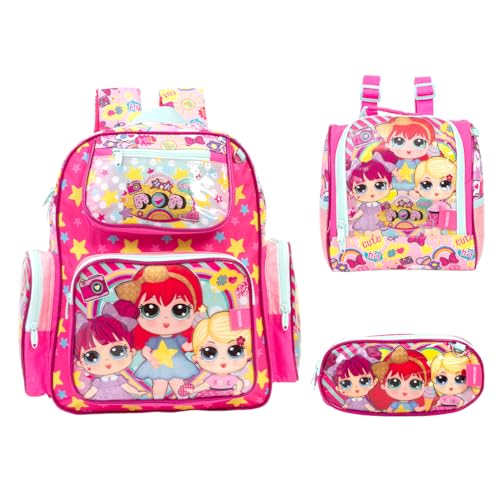 Kit Mochila Infantil Feminina Boneca Costas Rosa - Lancheira + Estojo