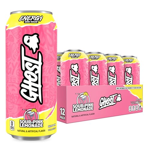 GHOST Energy Drink - 12-Pack, Sour Pink Lemonade, 16oz Cans - Energy & Focus & No Artificial Colors - 200mg of Natural Caffeine, L-Carnitine & Taurine - Gluten-Free & Vegan