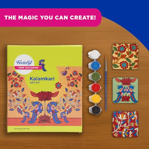 Image of Fevicryl Kalamkari Mini Art Kit | All-Inclusive DIY Kit with Wooden Coasters, Acrylic Colours, Brush l Paint Your Own Coasters | for Artists, Students, Hobbyists & Gifting | Ideal for Age 14 +