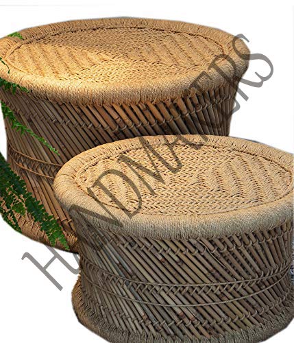 Handmakers ! Natural Bamboo (SARKANDA) Mudda Stool with Beige (13 X 17) Set of 2