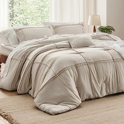 Image of Bedsure Beige Queen Comforter Set - 4 Pieces Grid Pleated Bed Set, Down Alternative Bedding Sets for All Season, 1 Comforter, 2 Pillowcases, 1 Decorative Pillow