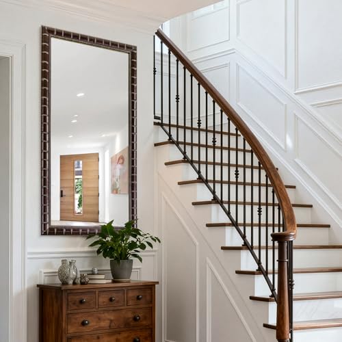 Image of 60'' x 30'' Large Brozne Mirror for Living Room, Antiuqe Wall Mirrors with Bamboo-Joint Frame, Classic Vintage Brozne Wooden Mirror for Entryway, Fireplace, Horizontal /Vertical