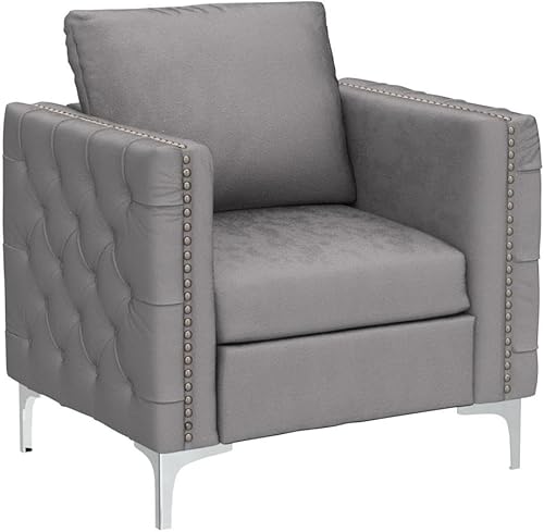 Miniatura 5 de Harper & Bright Designs Sillón moderno de terciopelo, con botones copetudos, silla de club con patas de acero para sala de estar, dormitorio, gris