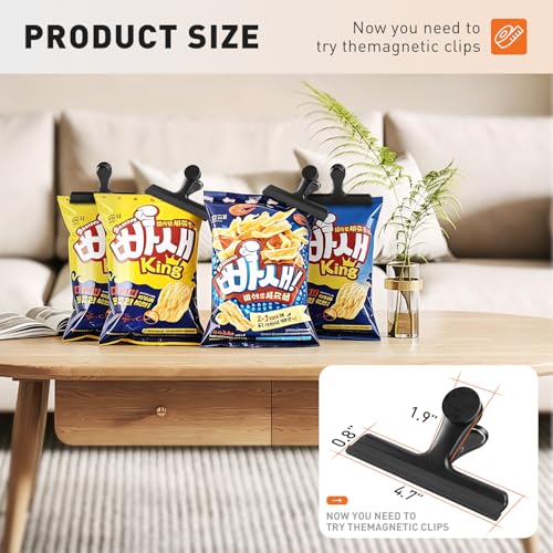 Image of HOUSE AGAIN Large Chip Clips Bag Clips, 6 Pack Strong Magnetic Bag Clip Silicone-Covered Edges No Scratch Airtight Seal, Stainless Steel Heavy Duty Food Clip for Fridge Kitchen Food Storage, Black