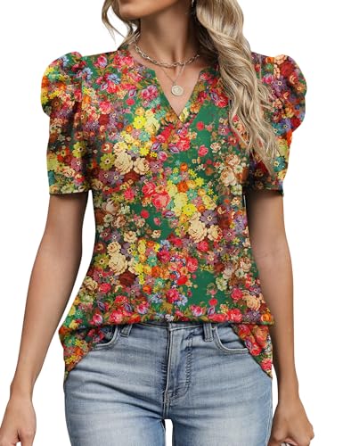 Image of LOMON Spring Summer Tops for Women 2026 V Neck Puff Short Sleeve Tops Fashion Trendy Work Blouses Dressy Casual S-XXL