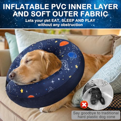 Image of SCENEREAL Dog Cone Alternative After Surgery Donut Collar, Soft Pet Recovery Pillow Collar for Medium Large Dogs, Inflatable Adjustable Neck Collars to Prevent Licking, Planet Print E-Collars M