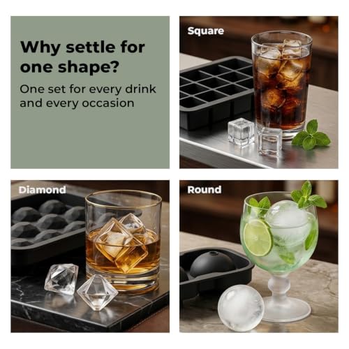 Image of Lifelong Ice Cube Tray - Set of 3 | Silicone Ice Moulds for Freezer | Square, Round & Diamond | Food-Grade, Leakproof, Easy Release | Large Cubes for Cocktails, Yogurt, Ice Cream(-30C to 280C)