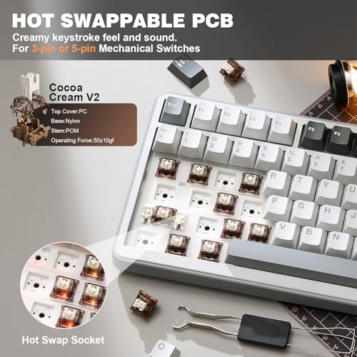 Image of YUNZII B75 PRO Wireless Mechanical Keyboard,75% Layout with Knob,Hot Swap Gasket Custom Structure,Creamy Pre-lubed Switches,RGB Backlit,Bluetooth /Type-C /2.4G for Win /Mac(Cocoa Cream V2 Switch,Grey)