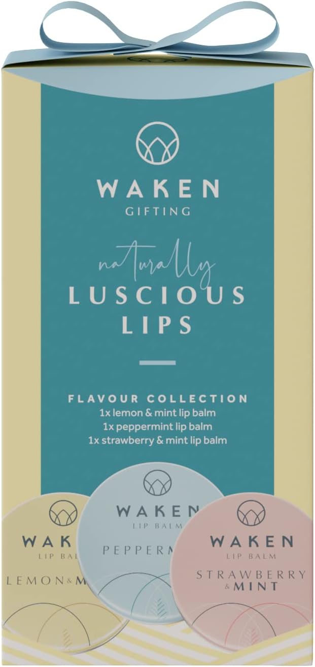 Waken Luscious Lips, 3x15ml Lip Balm Bundle, Mint With Lemon, Mint With Strawberry, Peppermint, Vegan, Vitamin E, Shea Butter & Cocoa Butter,100% Natural, No Petroleum Jelly, Sustainable Packaging