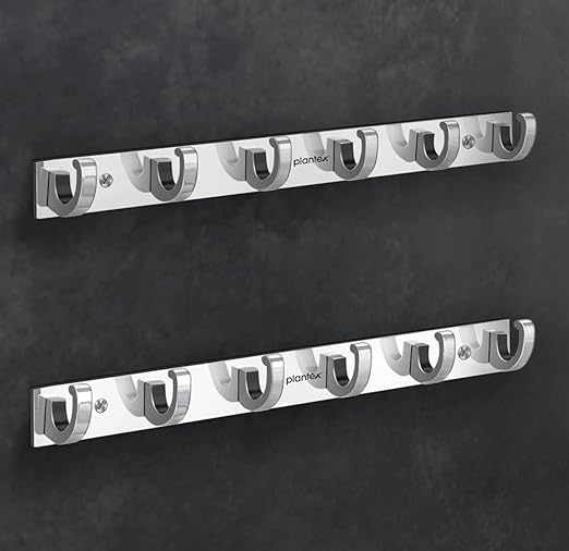 Plantex Aluminum Hook Rail with 6 Hooks for Walls of Bathroom/KitchenHook Rail Bar for Clothes/Towel/Keys-Pack of 2 (6 Hooks,Chrome)