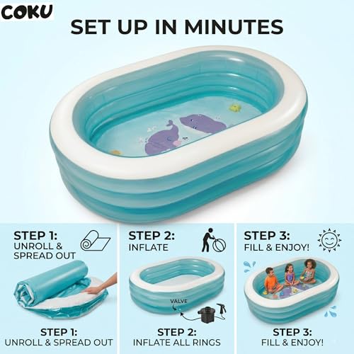 Image of Coku 5.5 Feet Oval Inflatable Swimming Pool for Kids & Adults | 3-Ring Family Pool, Thick PVC Foldable Bathtub, 64 x 42 x 18 Inch for Backyard, Garden, Indoor Outdoor Use
