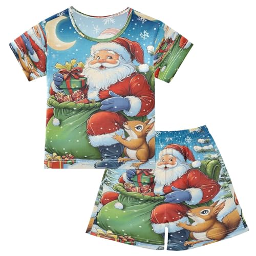ALAZA Cartoon Santa Claus Squirrel Christmas Pajamas Set Short Sleeve Cotton Sleepwear Summer Pjs 2 Piece 5-14Y