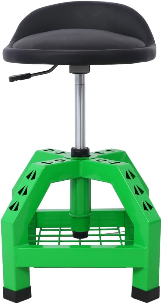 Mechanic Stool with Wheels, 360 Degree Swivel Rolling Garage Stool with 22.5”-27.5” Height Adjustment, 330 LBS Capacity, Tool Tray, Heavy Duty Creeper Seat, Shop Stool for Workshop (Green)