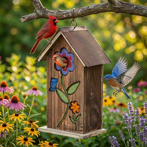 Topadorn Bird House for Outside, Wooden Hanging Birdhouse with Metal Roof