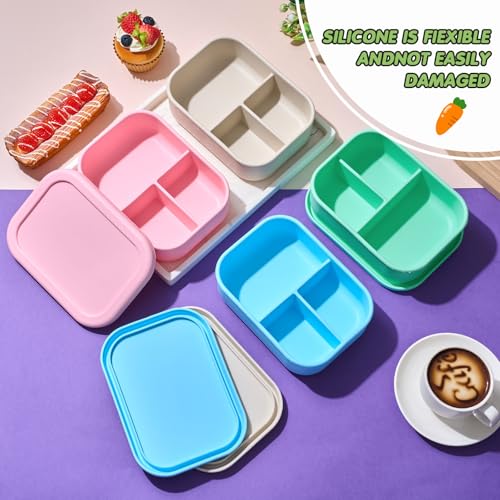 Image of Layhit 4 Pcs Silicone Bento Box for Adults, 27 oz Bento Lunch Container Reusable Food Container for Women Men, Leak Proof Microwave Dishwasher Freezer Safe (3 Compartments,Mint Colors)