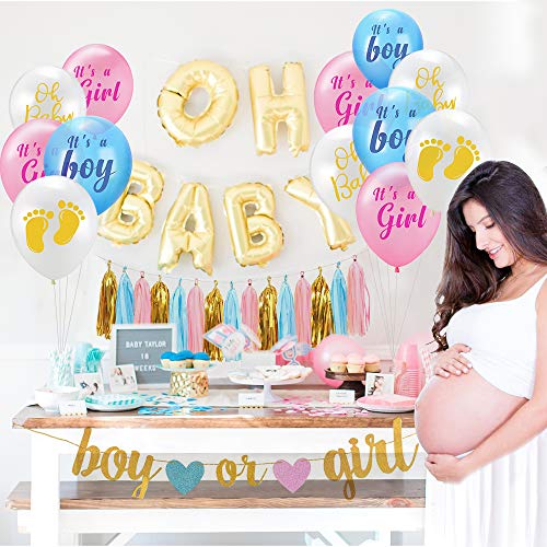 Baby Gender Reveal Party Supplies, Baby and Boy or Girl Banner, Gender Reveal Balloons with Tissue Paper Tassels Garland Set for Baby Shower Party Decorations