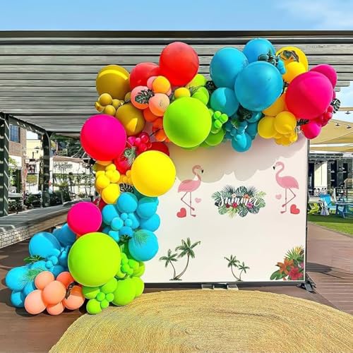 Image of Tropical Hawaiian Balloons Set, 65Pcs 12In Summer Party Balloons with Hot Pink Green Orange Yellow Teal Blue for Hawaiian Summer Birthday Party Decorations