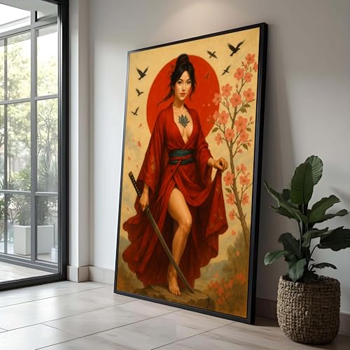 Tableau femme samouraï rouge 50x75cm pour remplacer un cadre vide sans charme