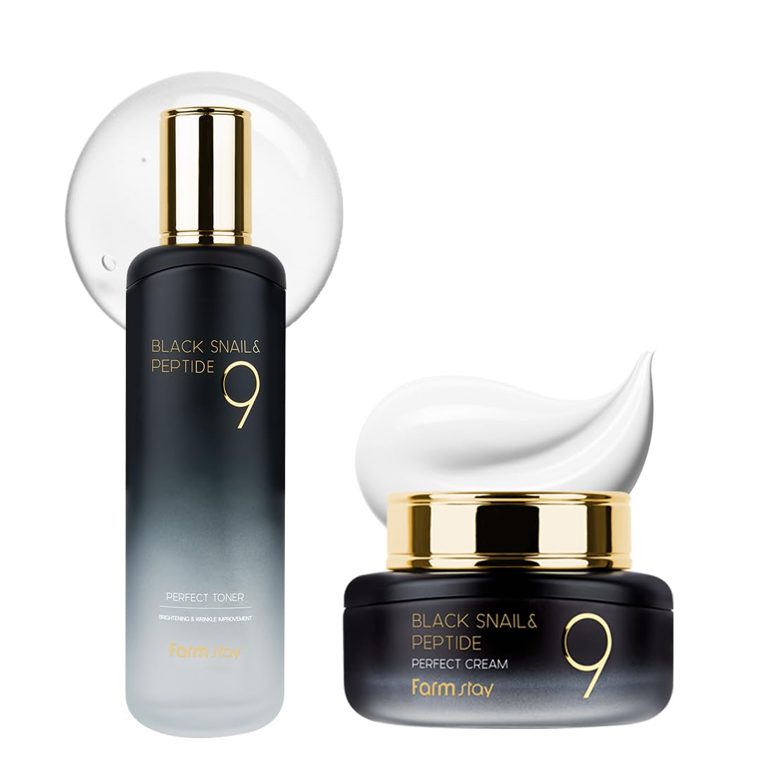 FARMSTAY Black Snail & Peptide 9 Perfect Toner + Cream, Snail Mucin Toner for Elastic & Glow Skin, Moisturizing & Anti-Aging, Korean Skin Care, for Women & Men