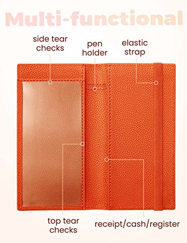 Image of Yarnic Checkbook Cover for Personal Checkbook, Checkbook Holder with Pen Holder & Built-in Clear Plastic Divider for Duplicate Checks (Orange)