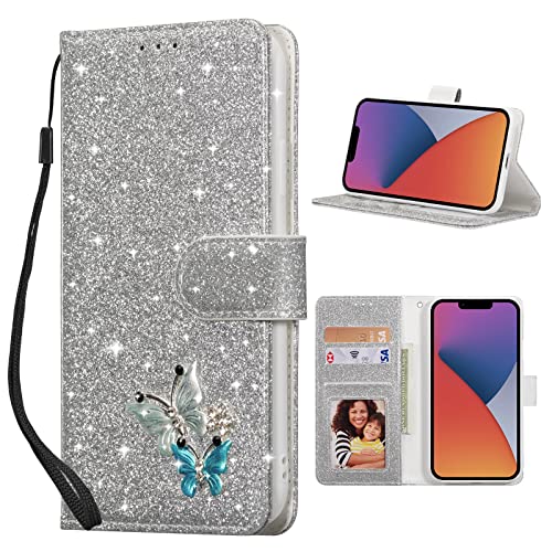 Coque iPhone 17 étui portefeuille anti rayure clapet papillon argent