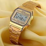 Gold Digital Watch Mens Womens Water Resistant Stainless Steel Band Electronic Square LED Back Light Wristwatch 1123