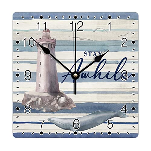 Godblessign Boat Lighthouse Wall Clock Beach Square Clocks Welcome To Our Beach House Decorative Clocks Battery Operated 10 Inch Silent Tuscan Cabin Wall Home Decor Living Room Bedroom Decor #TOP14