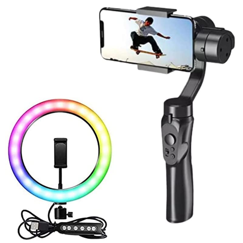 Cospex 3-Axis Handheld Gimbal Stabilizer Video Vlog Tripod for Smartphone with RGB LED Selfie Ring Light 26cm Spotlight Fill Light lamp Makeup Ringlight Remote Adjustable Dimmable Ring Light Lamp
