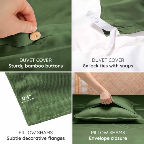 Image of Bambaw 100% Viscose Derived from Bamboo Duvet Cover Queen Size - 3 Pieces Cooling Duvet Cover Queen Set, Breathable & Soft Bedding Set, No Comforter (Olive)