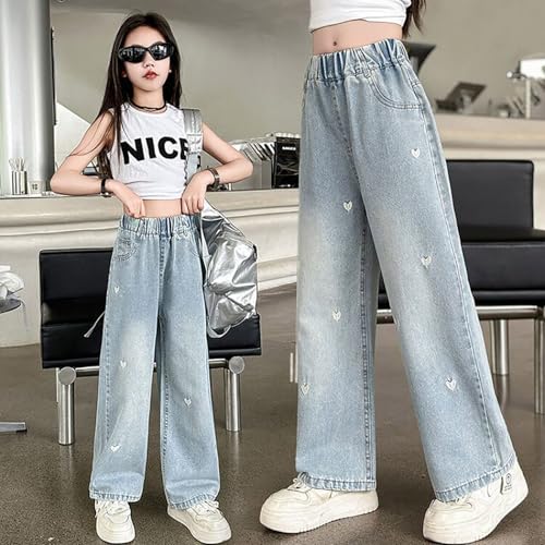 Kids Girls Heart Jeans Baggy Wide Leg Denim Pants Cute Elastic Straight Trousers Trendy Y2k Streetwear with Pockets2